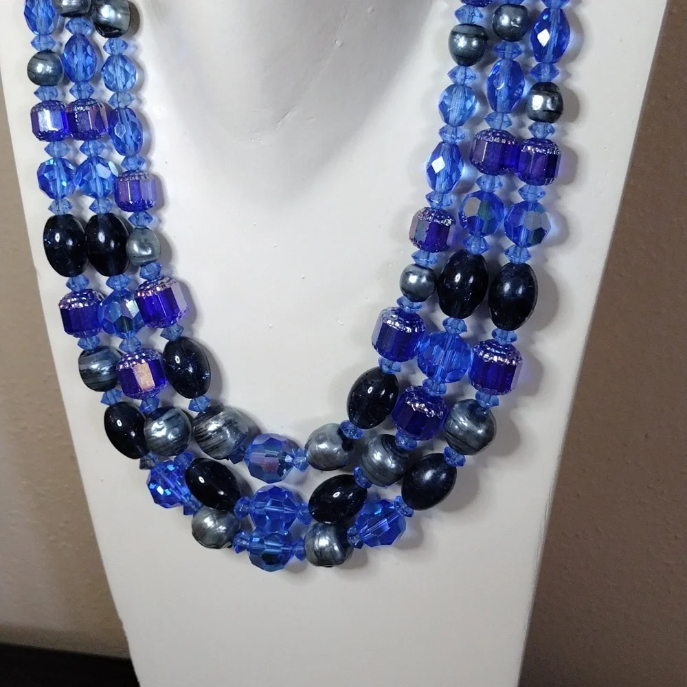 Glass Triple Strand Deep Blue Necklace 12-13" with 3" Extender Hook Clasp - Picture 2 of 7